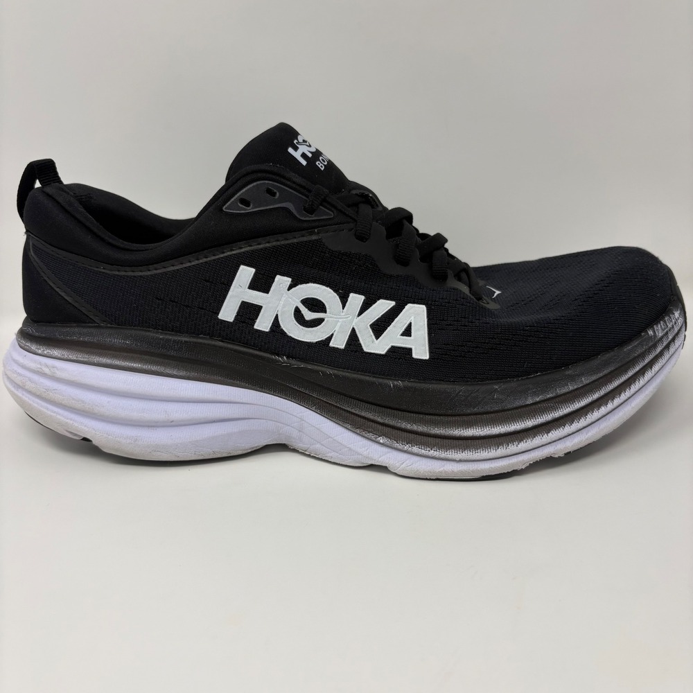 Hoka Bondi 8 Mens Size 10.5 Black White Athletic Running Shoes (1123202 BWHT)